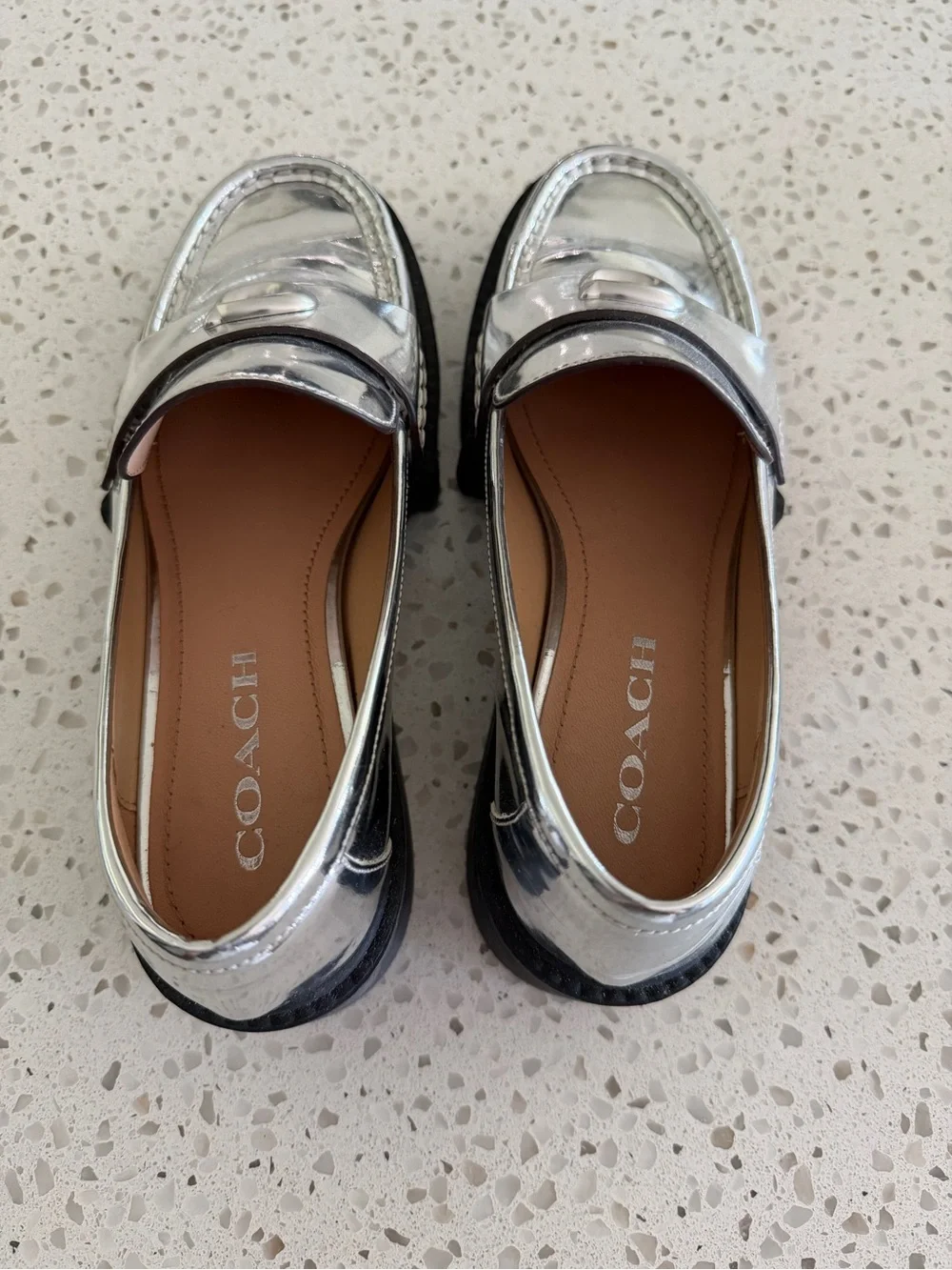 Coach Leah Women’s Silver Metallic Lug Sole Loafers